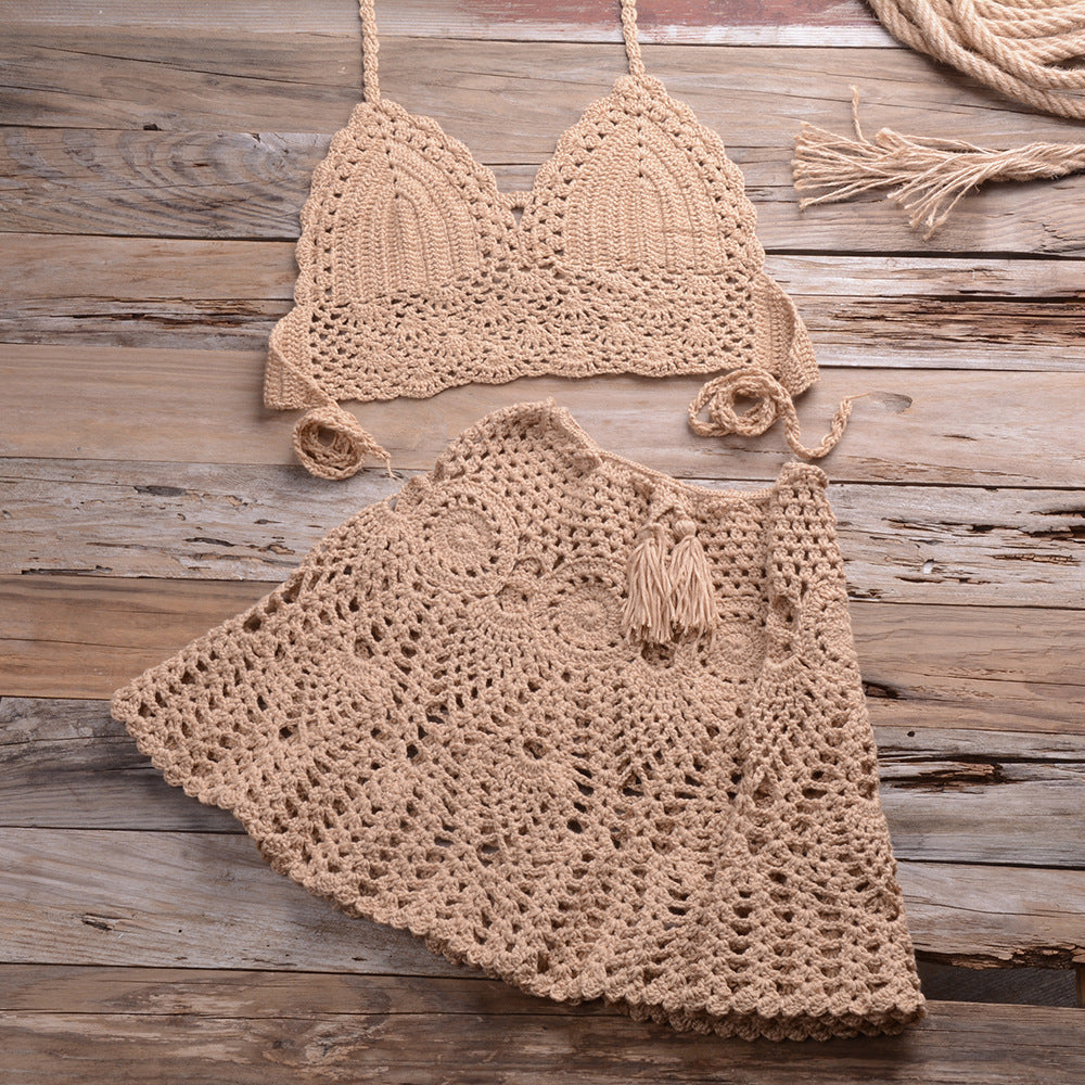 Hand Crocheting Bikini Wrapped Chest with Sexy All-Matching Hollow Out Cutout Pleated Skirt Split Swimsuit Bella Mia